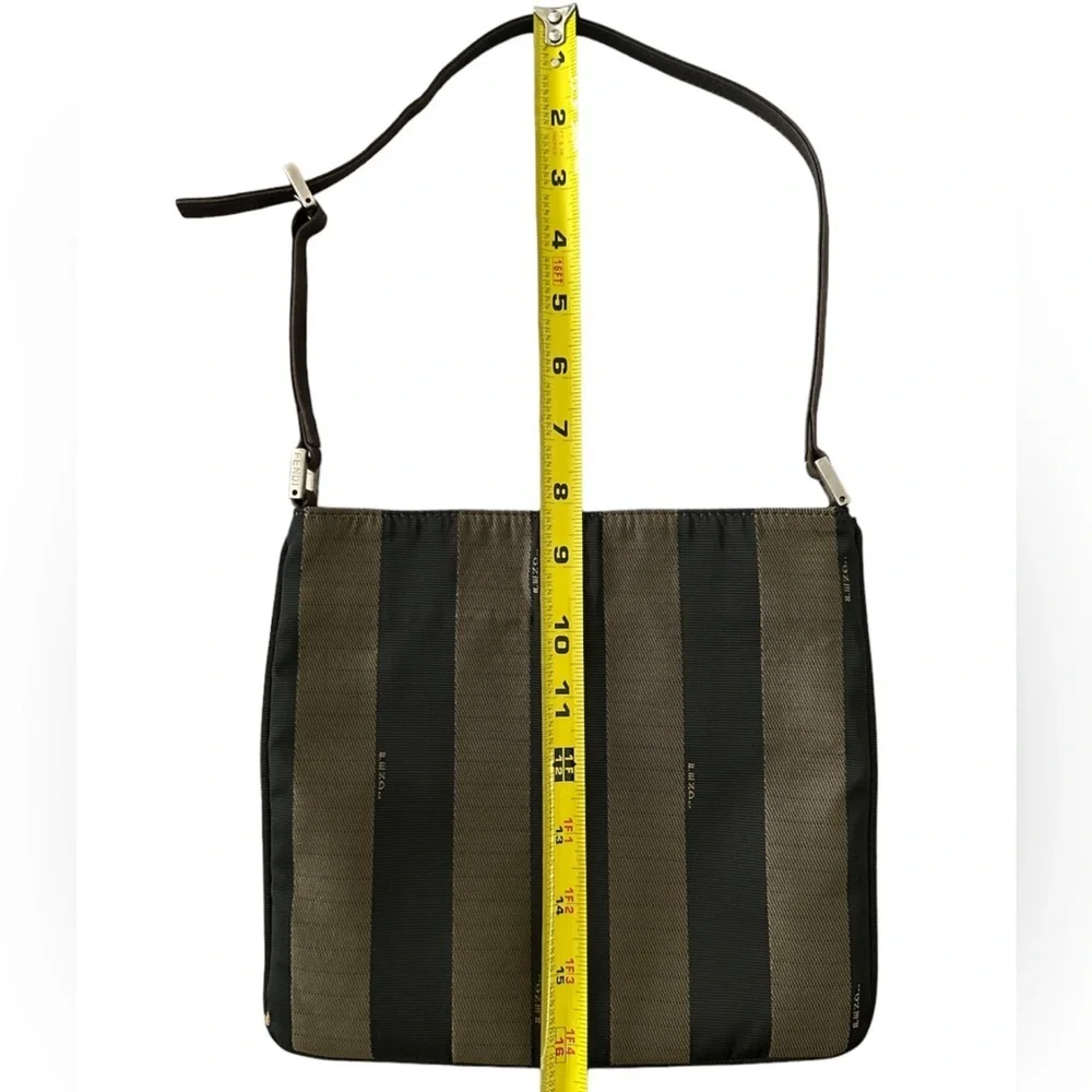 FENDI Vintage Pequin Stripe Crossbody Bag Tobacco Brown Canvas Leather Authentic - Picture 7 of 13